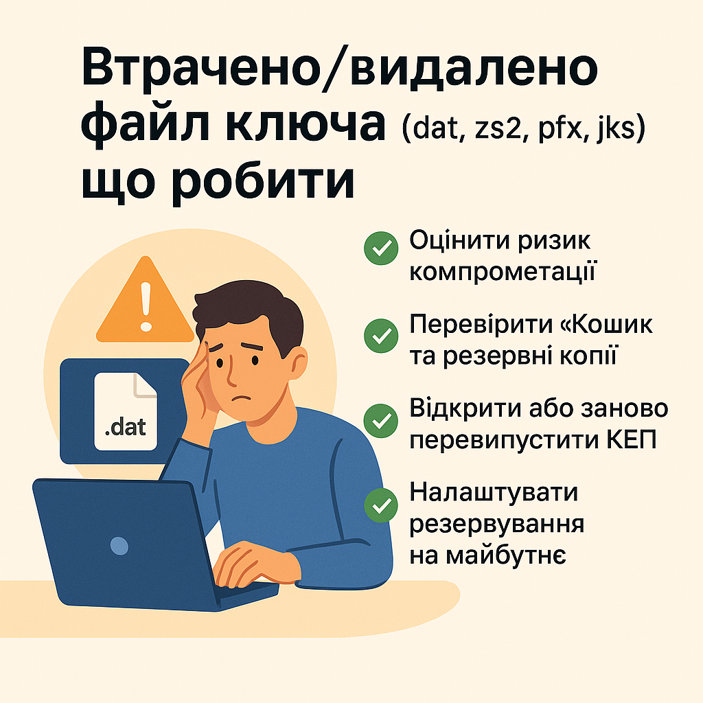 Втрата/видалення файлу ключа КЕП: що робити негайно і як відновити роботу